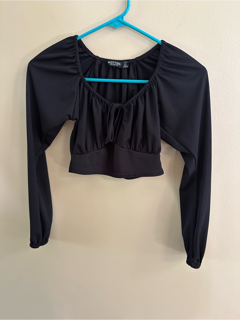 Nasty Gal Black Ribbed Long-Sleeve Tie-Front Crop Top